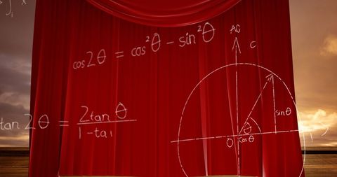 Trigonometric equations on dramatic red theater stage