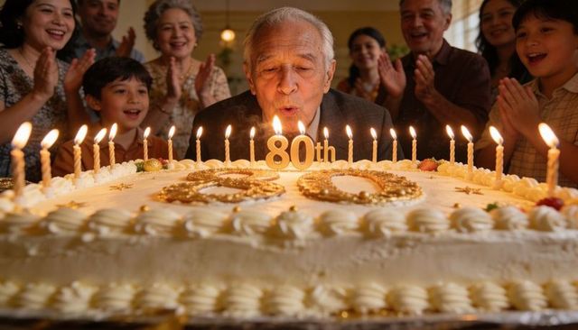 Elderly Man Celebrating 80th Birthday Blowing Candles on Gold-Decorated Cake with Family