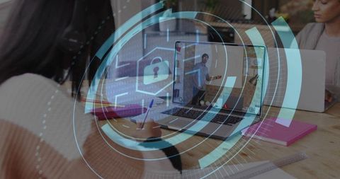 Remote collaboration and cybersecurity overlay showing online presentation and note-taking