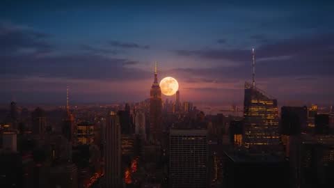 Full Moon Ascends Behind Iconic Mid-Skyline Twilight Tapestry