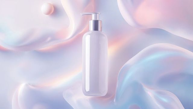 Elegant white dispenser bottle on pastel wave background