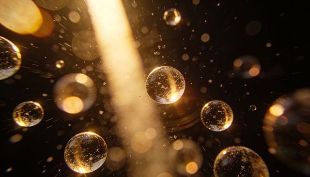 Glowing golden spheres floating in warm beam macro abstract, bokeh droplets and particles