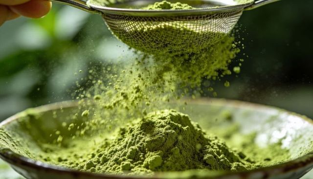 Sifting vibrant matcha powder over shallow ceramic bowl, green tea dust scattering mid-air