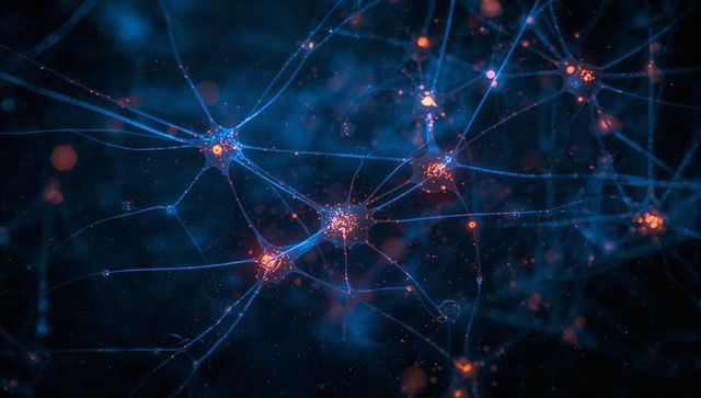 Digital Neural Network Threading with Orange Particles in Blue Space