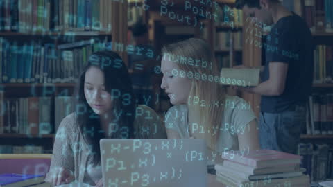 Diverse Students Collaborating in Library with Digital Data Overlay