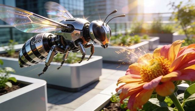 Futuristic robotic bee drone emitting golden sparks pollinating sunlit rooftop zinnia