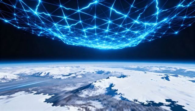 Futuristic digital network dome hovering over icy polar landscape, global data shield