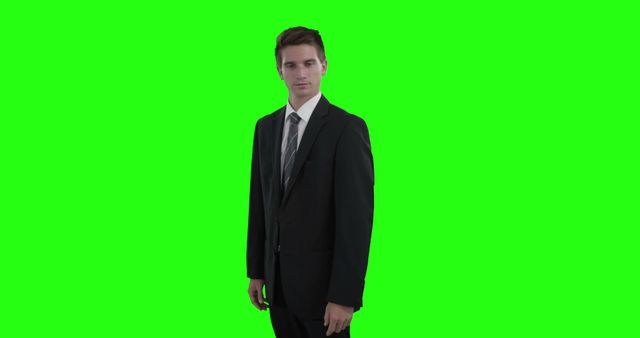 This image of a confident businessman in a suit standing against a green screen background can be used for marketing materials, corporate presentations, or software demonstrating green screen editing techniques. Useful for business-related themes and projects needing professional presence.