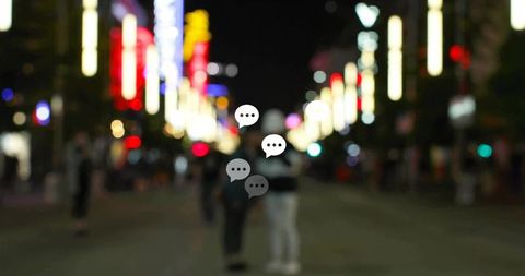 Urban nightlife conversation concept with bokeh silhouettes and floating chat bubbles