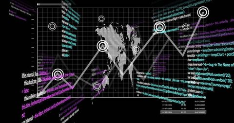 Futuristic data visualization with world map and coding on grid background