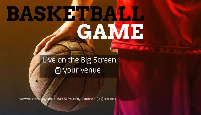 This image captures a player gripping a basketball, emphasizing the excitement of a live game screening at a sports bar. Ideal for promoting live sporting events at your venue, creating an enthusiastic atmosphere for sports fans, or advertising game night specials. Perfect for banners, flyers, and social media posts to draw attention to the event.