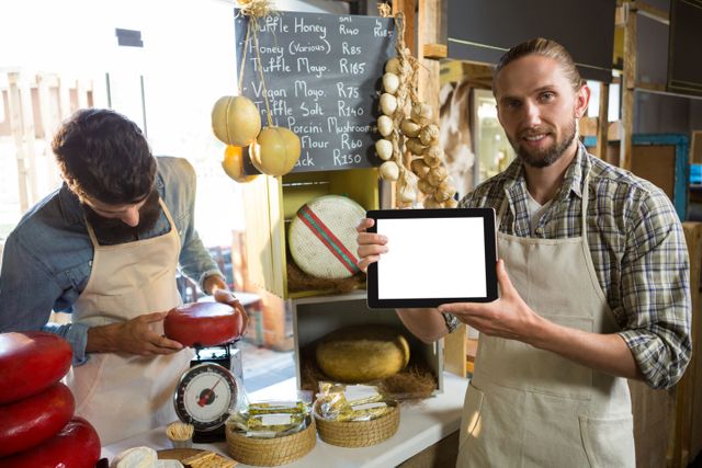 Market staff displaying a digital tablet at a cheese counter. Ideal for use in content related to local markets, small businesses, retail technology, customer service, and food sales. Can be used in articles, advertisements, and promotional materials highlighting the integration of technology in traditional retail settings.