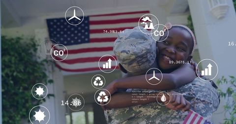 Soldier Embracing Daughter on Porch Reflecting Patriotism and Sustainability