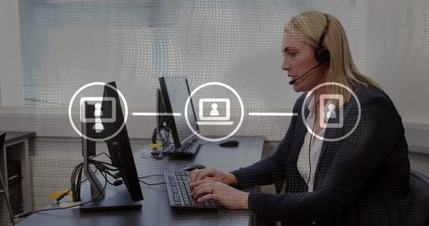 Customer service representative utilizing modern technology in office