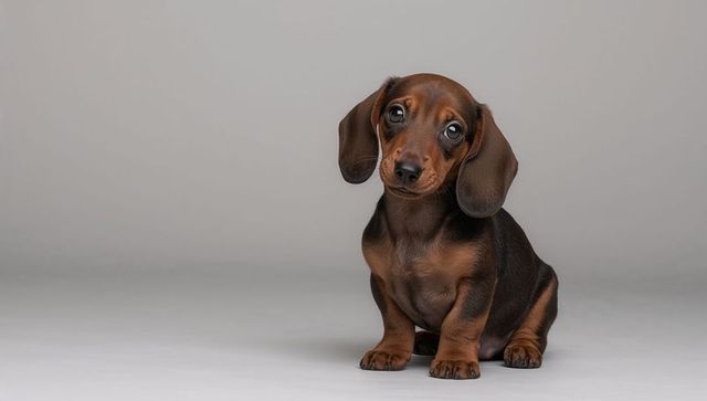 Cute dachshund puppy with curious head tilt in studio