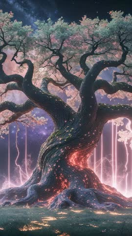 Gnarled Tree Pulsing with Glowing Red Energy Beams under Cosmic Night Sky Vertical Video