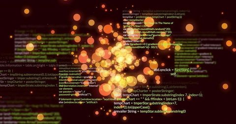 Glowing orange-yellow bokeh particles overlaying code stream for data visualization