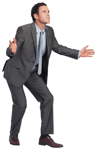 Confused businessman gesturing with arms in transparent background
