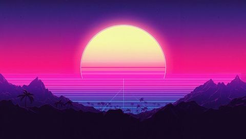 Synthwave neon sunset over ocean with retro grid, scanlines and mountain silhouettes