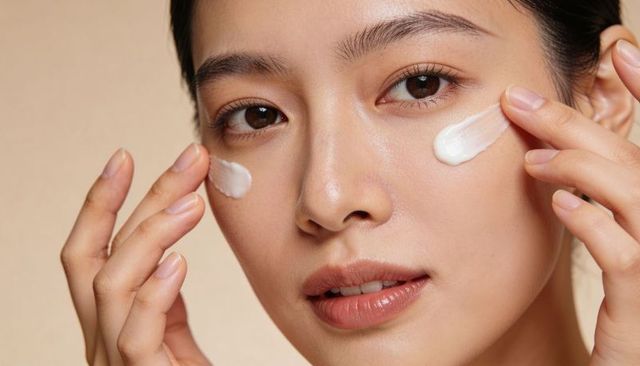 Closeup asian woman applying moisturizer with fingertips, dewy glowing skin, skincare routine