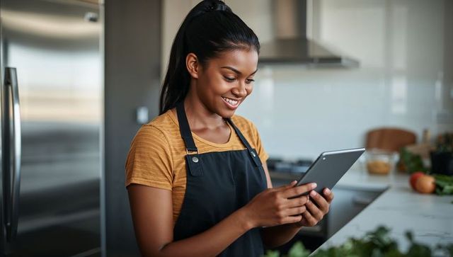 Smiling Woman Using Tablet in Modern Kitchen for Cooking