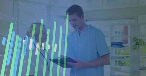 Clinicians reviewing patient data visualization on clipboard with green-blue bar graph