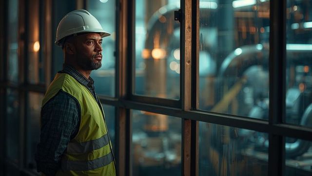 Inspecting industrial plant through glass: engineer in hard hat and high-visibility vest