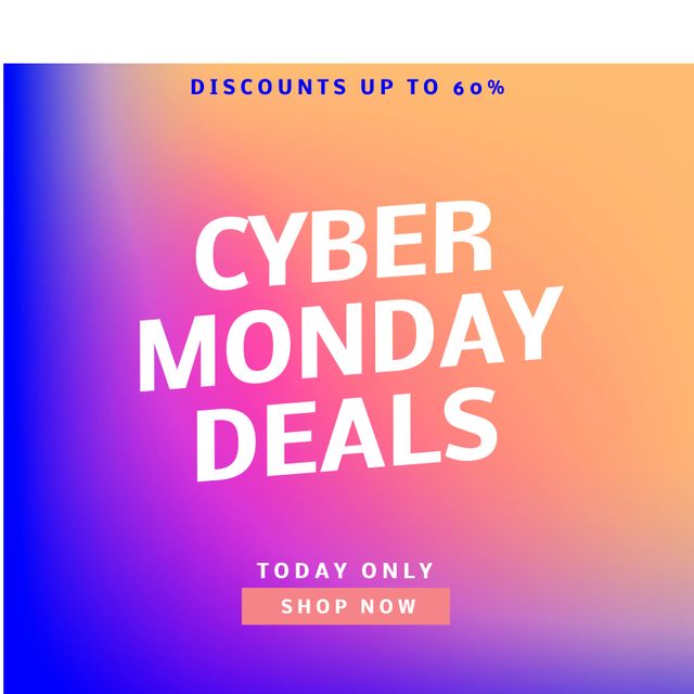 Bright and eye-catching Cyber Monday deals banner with up to 60% discounts, encouraging customers to shop today. This can be used in marketing campaigns, email newsletters, social media ads, and websites to attract consumers during one of the largest online shopping days of the year.