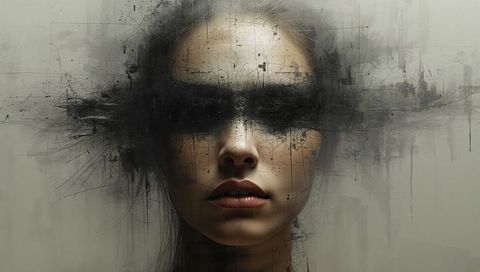 Surreal portrait of woman with ink-smear mask blending into painterly textured grayscale backdrop