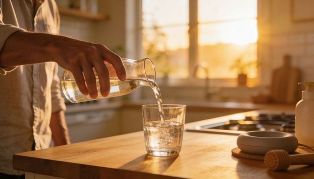Pouring water from glass carafe into tumbler on wooden counter during golden hour