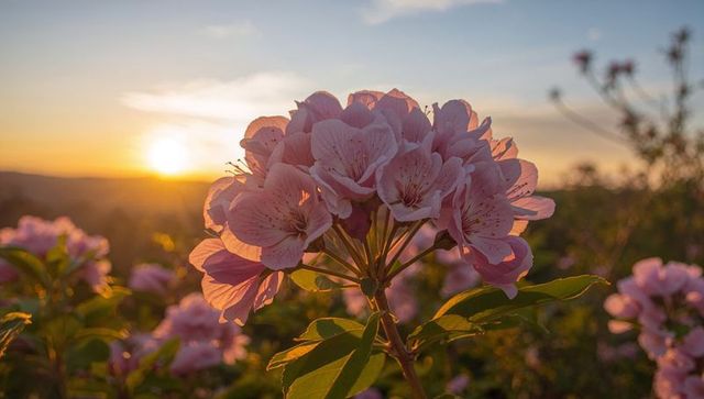 Glowing pink blossom cluster catching golden sunset light over wild garden landscape