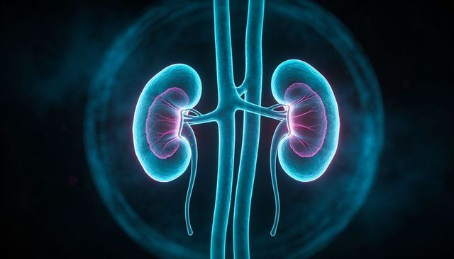 Translucent 3D Kidneys Highlighting Renal Cortex, Medulla, Pelvis with Ureters and Vessels