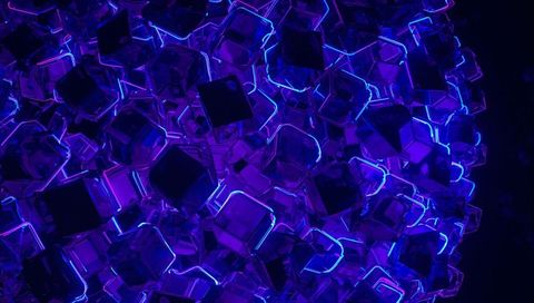Neon-lit glass cube cluster forming luminous purple-blue geometric sphere