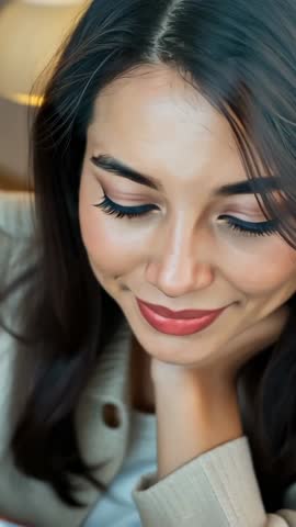 Vertical video of woman scrolling smartphone at cozy cafe table under warm lamp glow