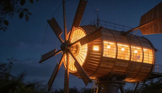 Glowing wooden windmill cabin at twilight, cylindrical timber pod perched on tower