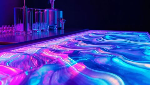 Glowing led wave panel reflecting magenta cyan light at bar counter with cocktail tools