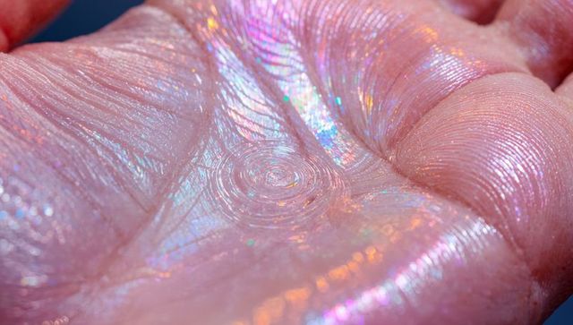 Palm showing iridescent glitter and water droplet ripples, macro shimmer with rainbow highlights