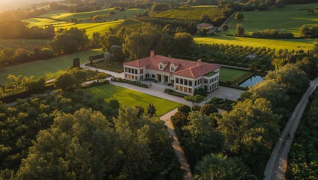 Glowing mediterranean villa sitting within manicured estate at golden hour, aerial view