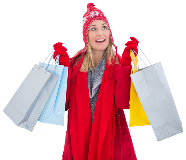 Blonde Woman in Winter Clothes Holding Shopping Bags with Happy Expression, Transparent - Download Free Stock Videos Pikwizard.com