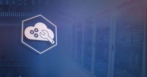 Cloud data management symbols overlay on server background