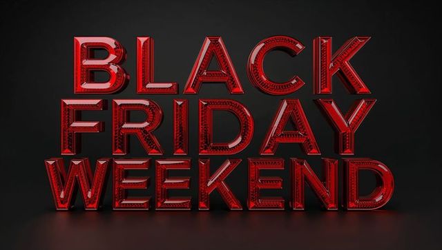 Glossy red 3d black friday weekend text on dark reflective floor beveled retail typography
