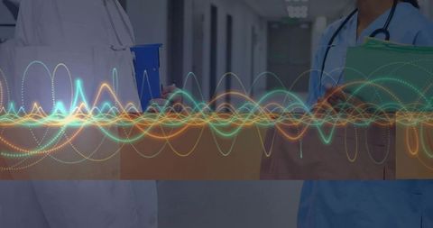 Healthcare Professionals Discussing in Hospital with Report Data Overlay