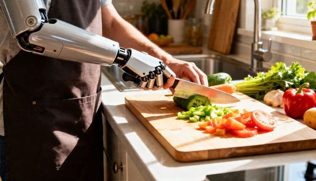 Robotic forearm chopping fresh vegetables on wooden cutting board in sunlit kitchen