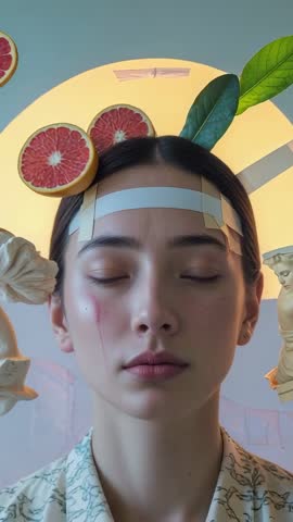 Serene face with grapefruit and sculpture fragments orbiting in surreal vertical video