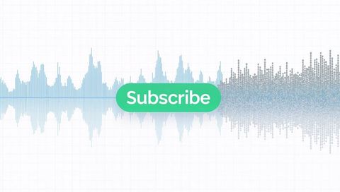 Green subscribe button over blue mirrored audio waveform with minimal digital interface