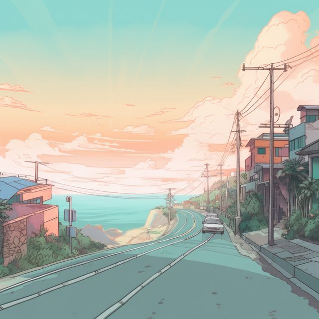 Illustration showcases a serene coastal street at sunset, with houses lining the road and a beautiful ocean view in the background. The sky is painted with warm pastel colors, and power lines stretch along the road, adding to the picturesque scene. Suitable for travel websites, blogs about coastal living or vacation destinations, and home decor themes focused on scenic views and tranquility.
