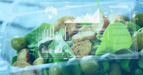 Displaying fresh salad in clear clamshell with augmented hud and packaging analytics