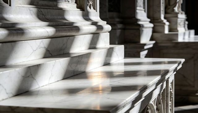 Polished marble altar ledge reflecting diagonal sunlight and carved neoclassical columns