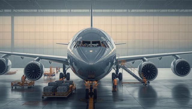 Widebody jet receiving maintenance in hangar with ground crew loading cargo pallets
