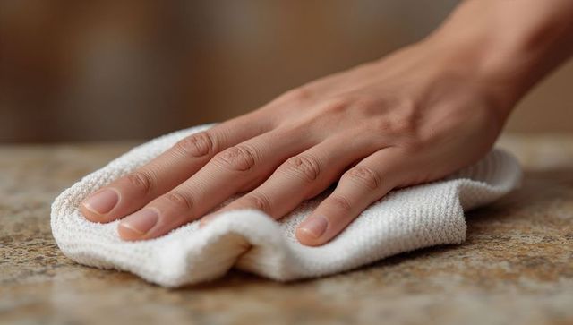 Hand wiping granite countertop with white towel, close-up kitchen cleaning and hygiene
